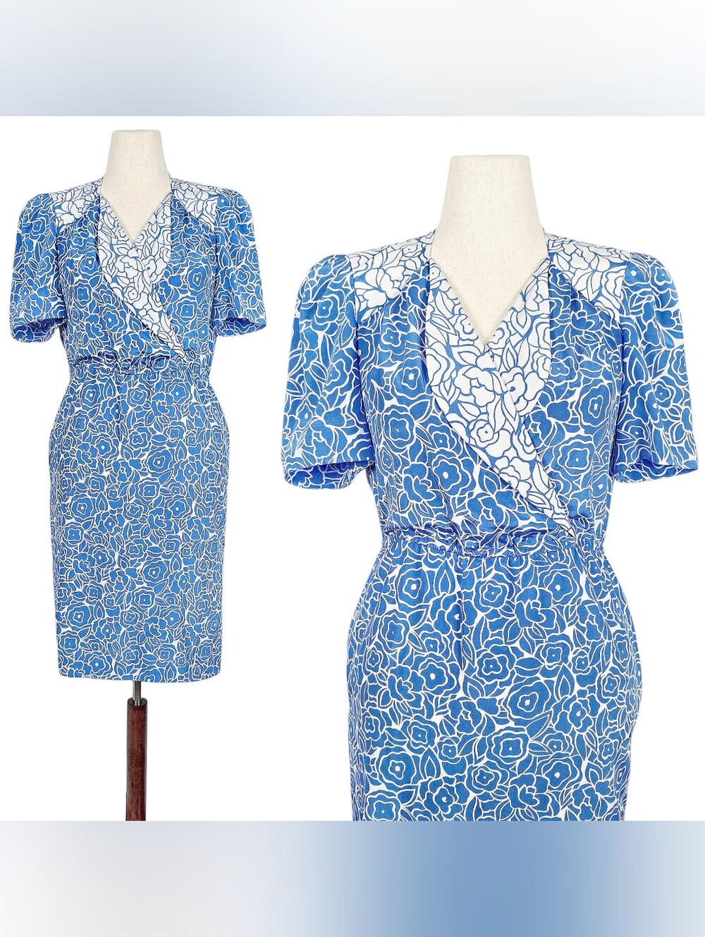 1980s Vintage Dress 80s Midi Blue White Floral Medium Large M/L Shirtwaist Volup